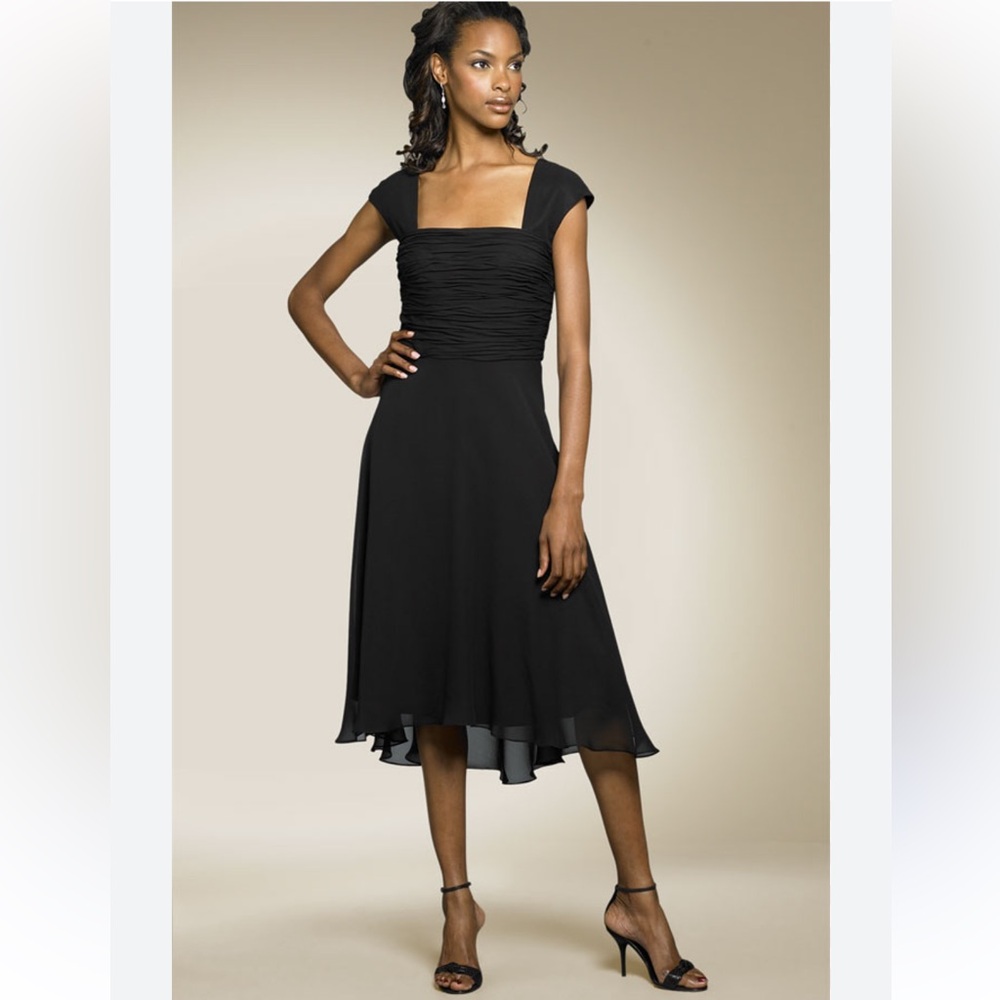 100% Silk Ruched Bodice Black Midi Dress Donna Ricco